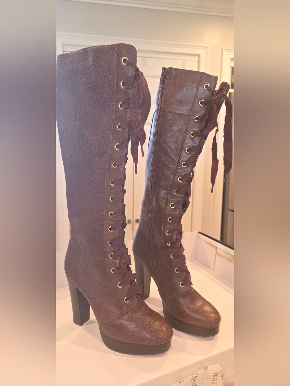 Colin Stuart Leather Lace-Up High Heel Knee Boots in Dark Brown
